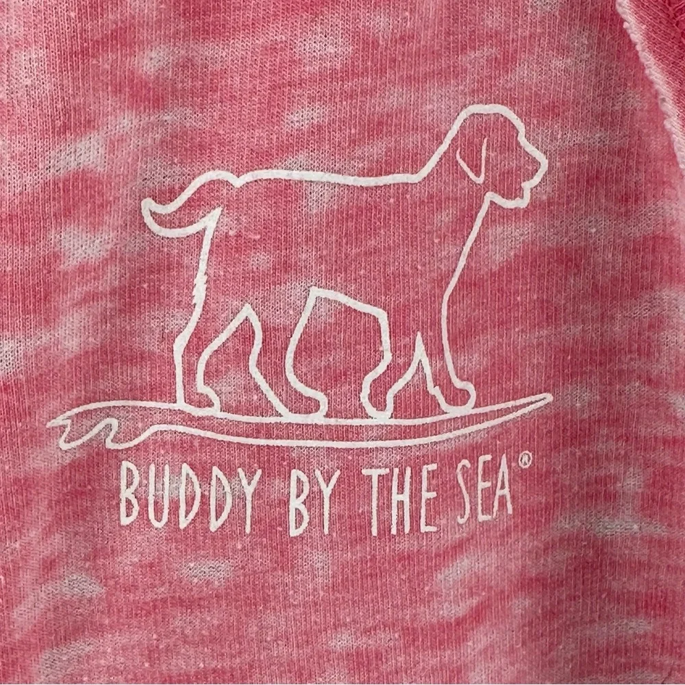 Buddy by the Sea Hoodie Sz M Pink Dog Surfboard Graphic V-Neck Thumbholes Beach